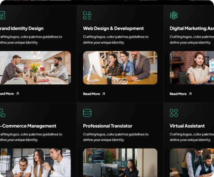 Grid of six service categories with titles, brief descriptions, and photos of people working in office settings.